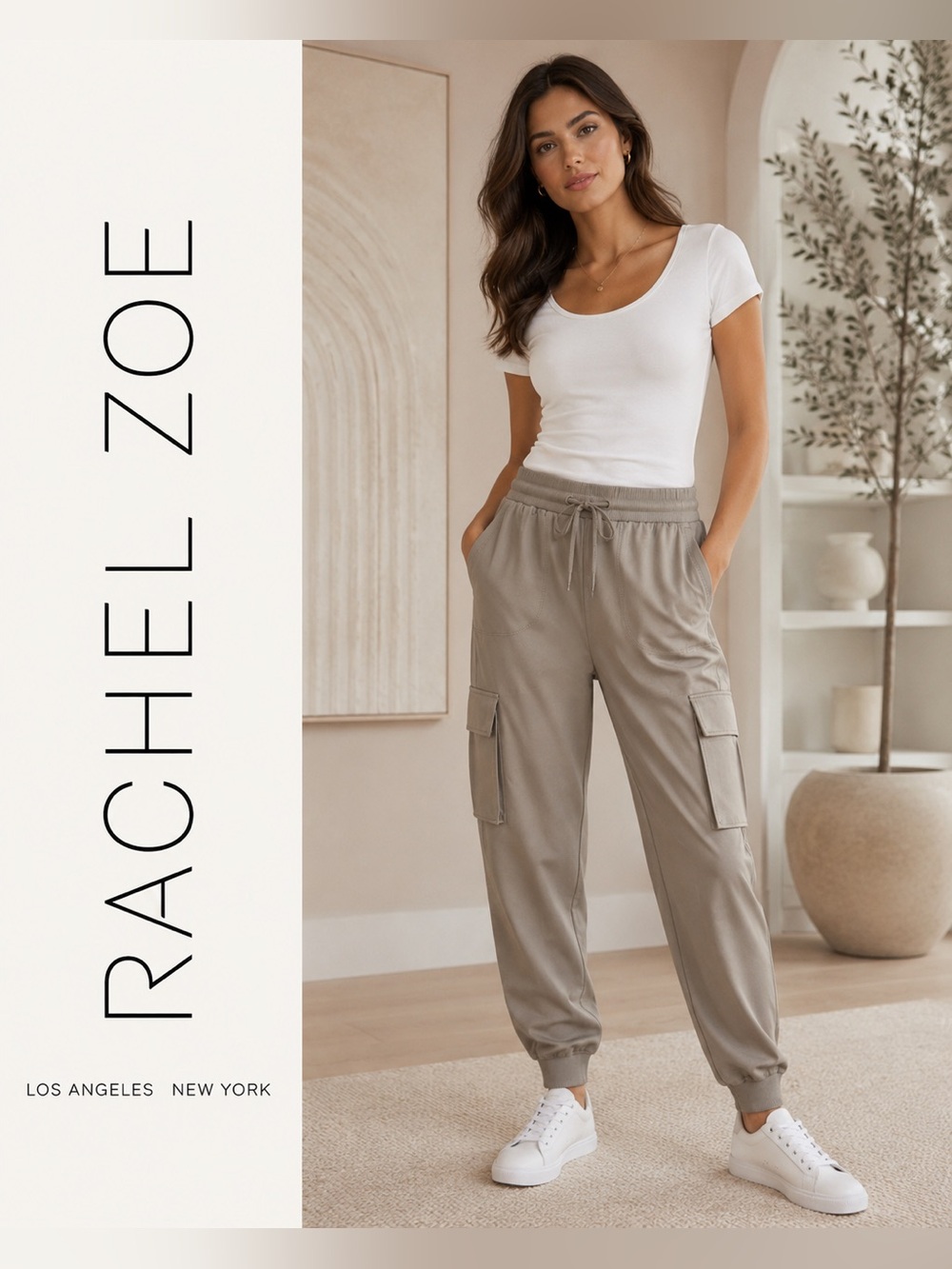 Rachel Zoe Taupe Cargo Joggers with Drawstring Waist